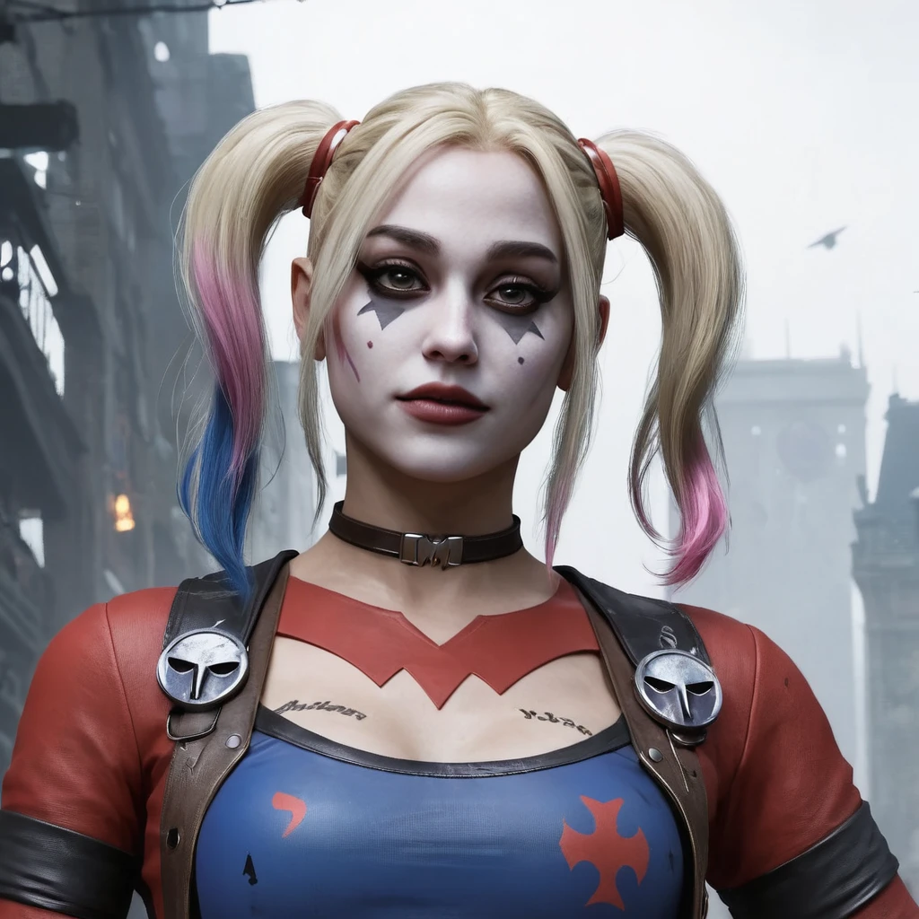 concept art close-up photo of 4r1ana a woman, wearing a harley quinn outfit, at arkham city, looking at viewer, . digital artwork, illustrative, painterly, matte painting, highly detailed