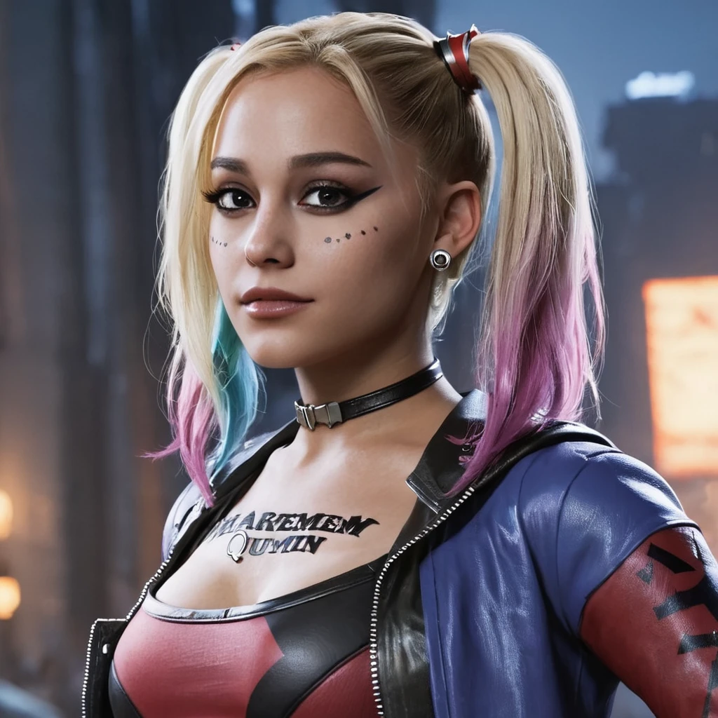 concept art close-up photo of 4r1ana a woman, wearing a harley quinn outfit, at arkham city, looking at viewer, . digital artwork, illustrative, painterly, matte painting, highly detailed