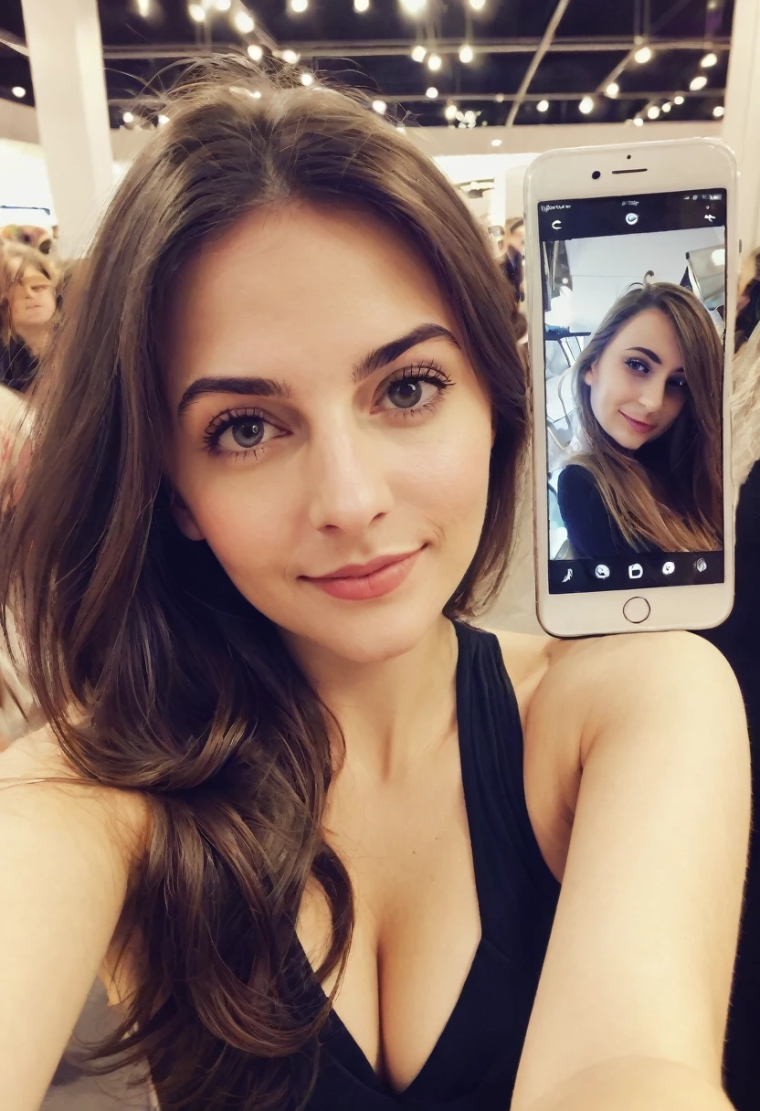 basse qualité, mauvaises lumières, mauvaise exposition, selfie amateur d'un contact visuel d'une jeune fille rousse avec les cheveux en chignon, yeux de couleur verte, ((Karen Gillan)) 18 ans, flirter avec la caméra, collier, chandail à épaule, pull coloré, aux seins nus, en montagne