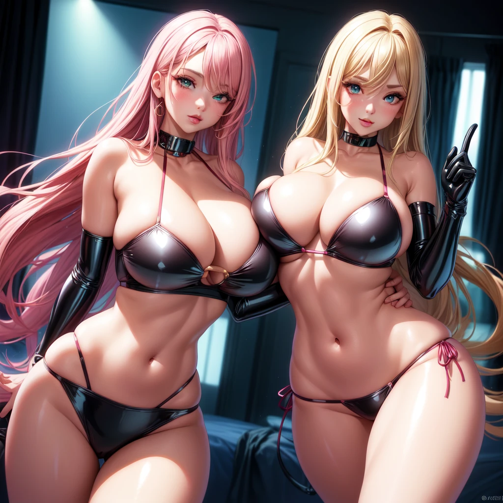 ((2 girls), solo, clevage, Big round perky breasts, lots of clevage, trendy, stylish, clevage, thighs, hips, realistic, pink hair, blonde hair, light green eyes, lip gloss, detailed face, amazing big eyes, eye details, big lips, eyebrow details, blush, naughty, mischevious face, HD, good quality, latex bikini, bedroom 