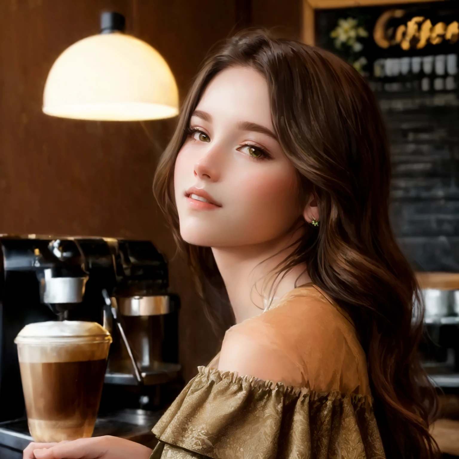 girl with long brown hair , black light eyes, with sexy look , hyper detailed photography , soft light, portrait, realist, the city center, drinking a coffee