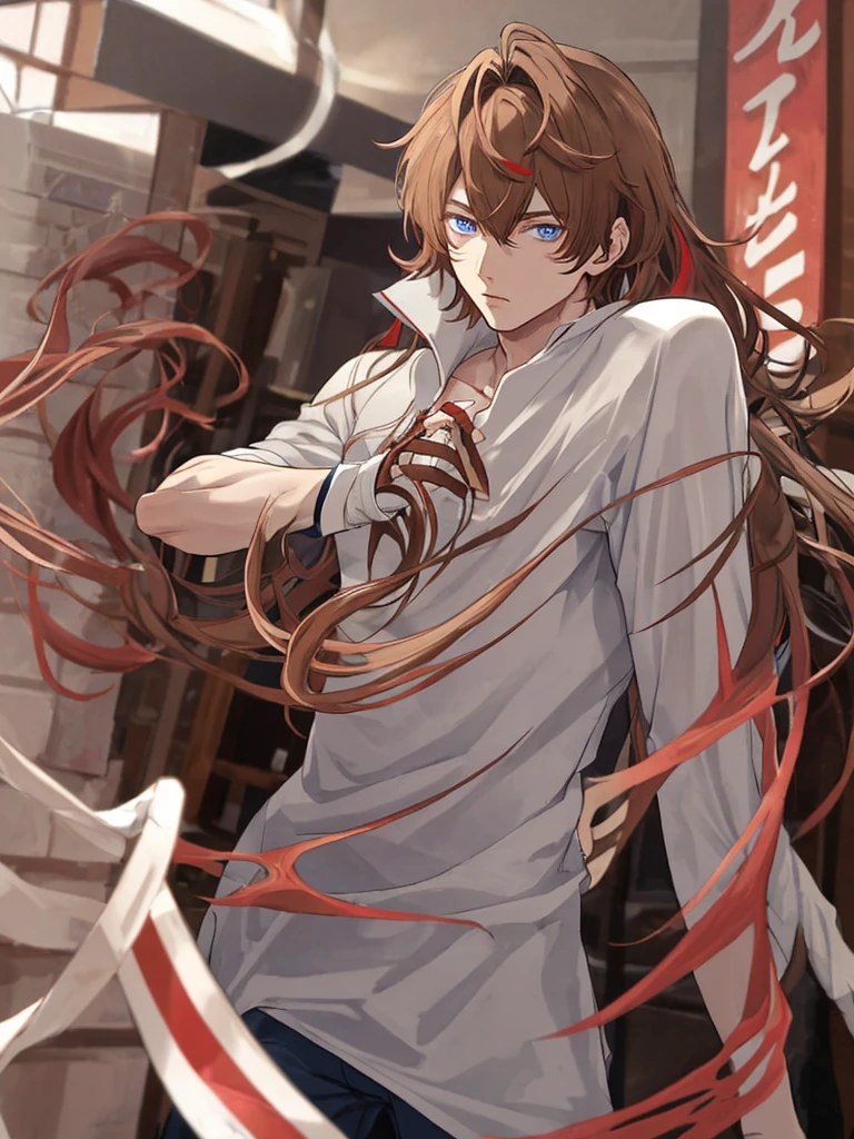 Creates a young adult with light brown hair with red streaks of blue eyes with a defined and quite handsome physical body.