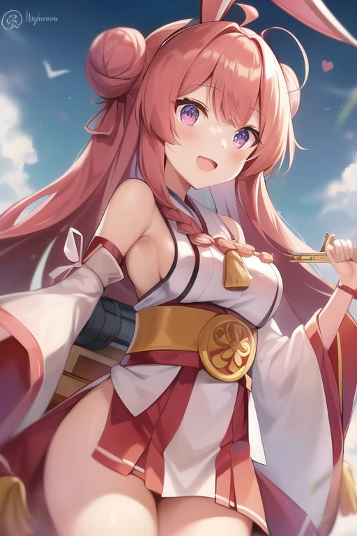 One girl, alone, Long Hair, King Kongu (Kantai Collection),Sakura Miko, Pink Hair, Double Bang, Purple eyes, Hair Bun, Ahoge, Open your mouth, Non-traditional Shrine Maiden, Removable sleeves, Brown eyes, White Background, (headgear):2, (Hair Bunド):2, smile, Sleeves edged with ribbon, Simple Background, kimono, Ribbon trim, View your viewers,  username, Upper Body, Wide sleeves, :d, King Kong