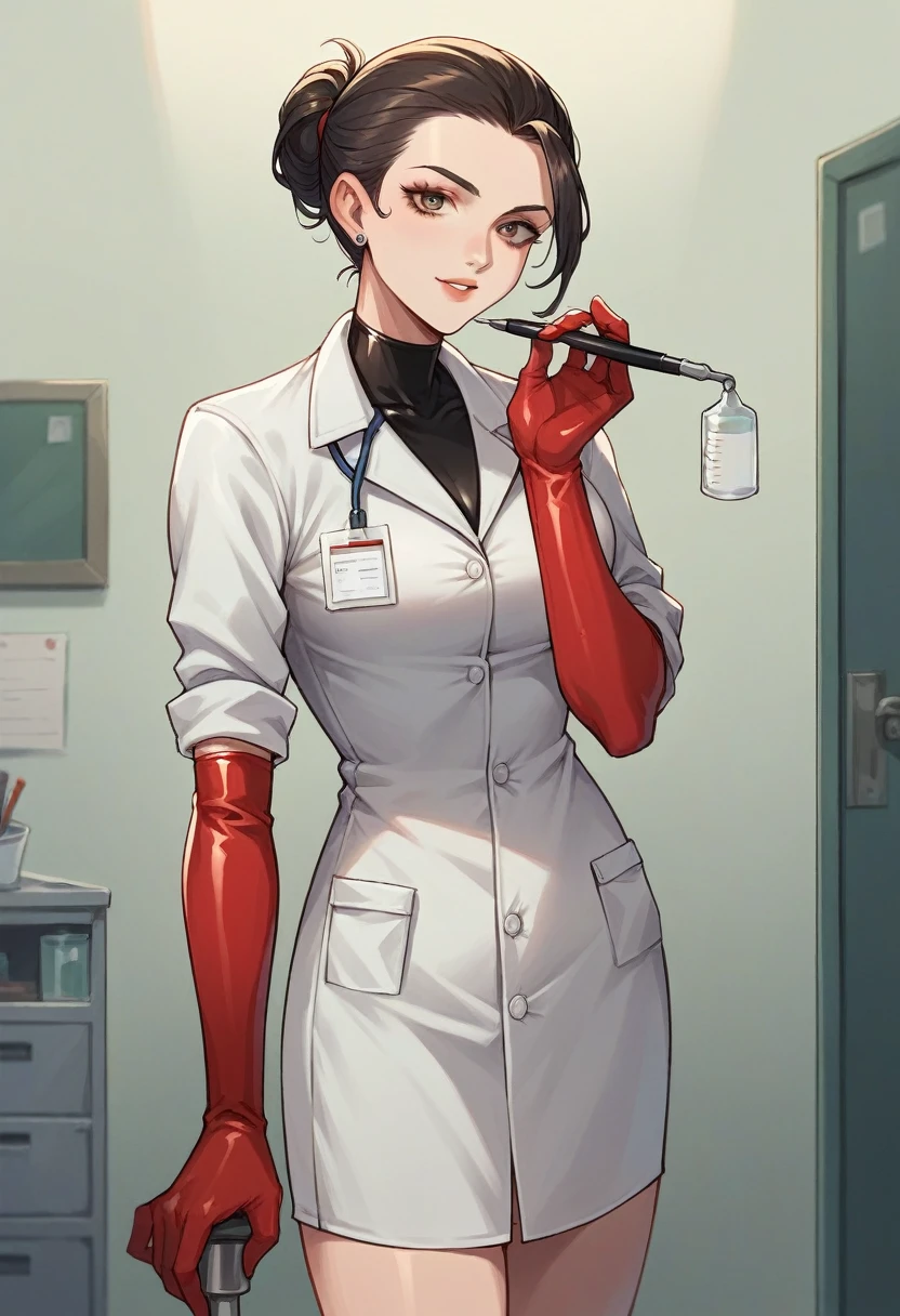 1girl, ((red elbow gloves)), ((surgical gloves)), ((latex gloves)), ((long sleeves)), ((black surgeon outfit)), ((doctor)), looking at viewer, standing, solo
