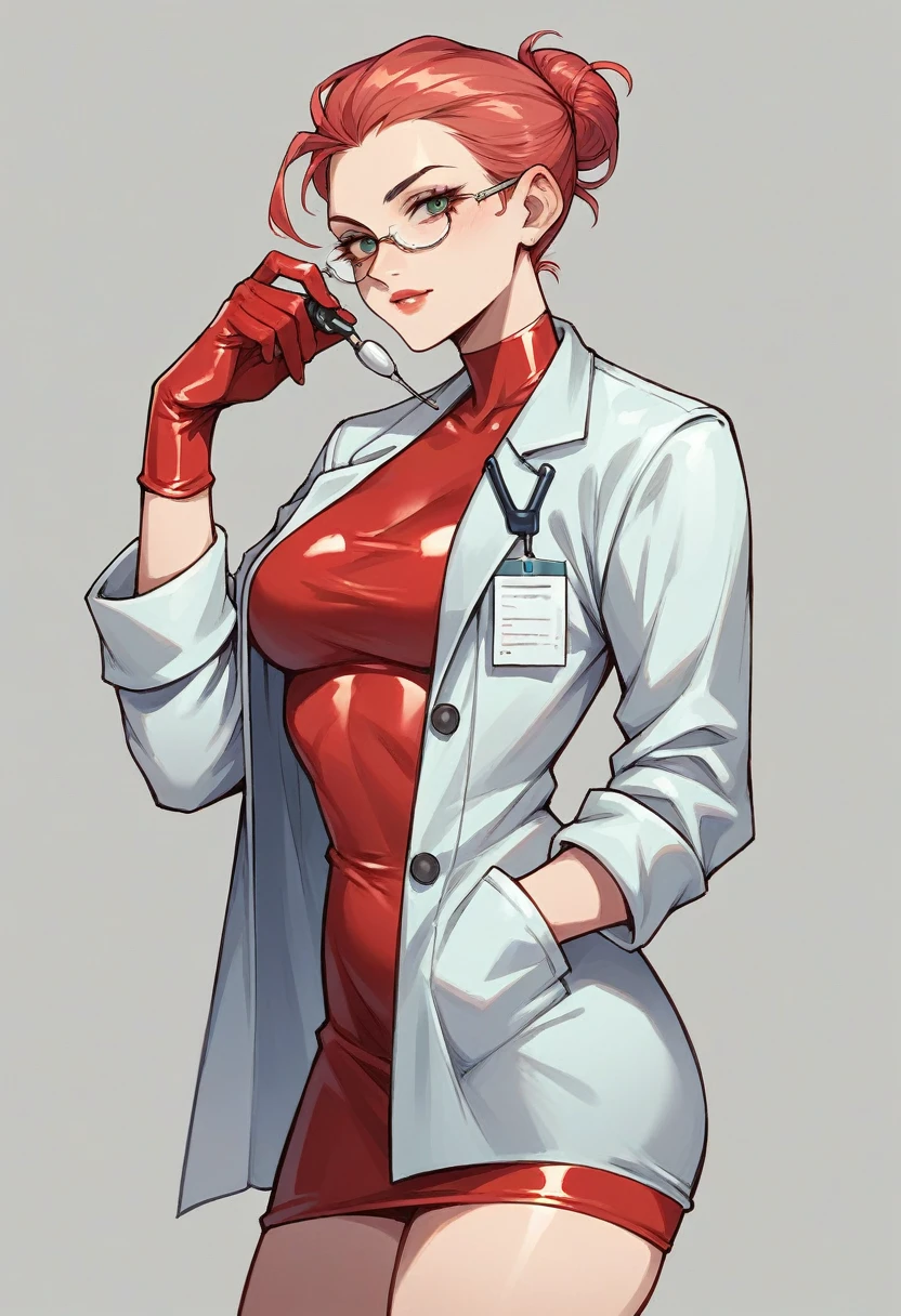 1girl, ((red elbow gloves)), ((surgical gloves)), ((latex gloves)), ((long sleeves)), ((black surgeon outfit)), ((doctor)), looking at viewer, standing, solo