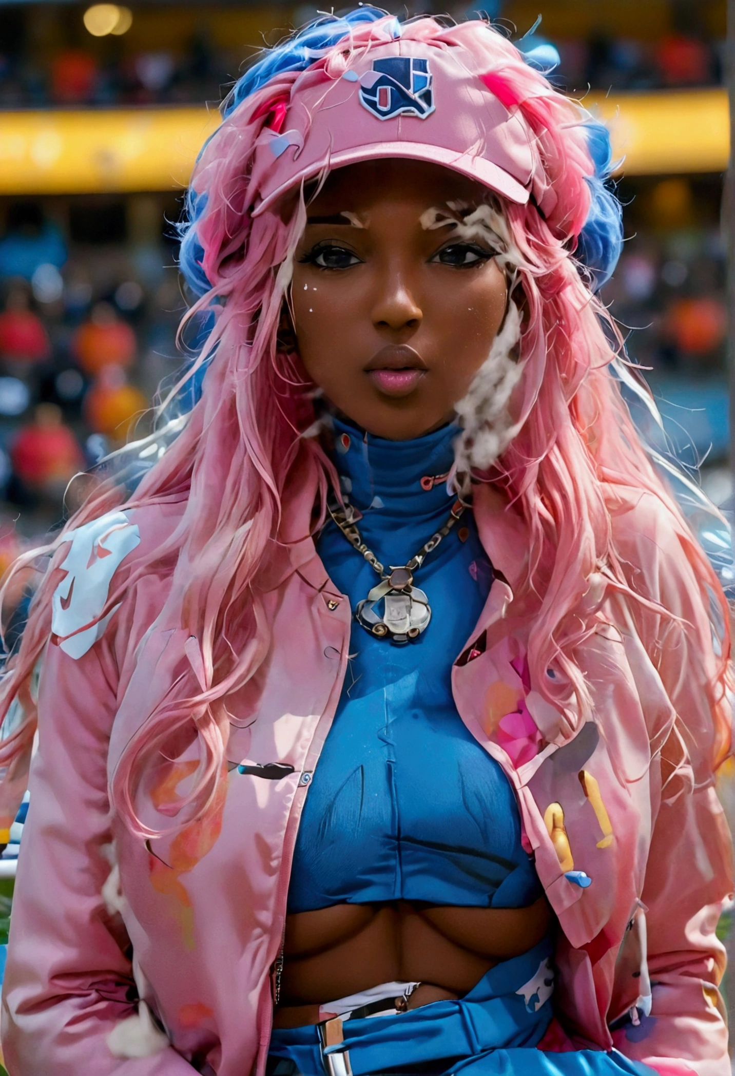A woman inside a football stadium with her long pink hair wearing a blue and pink coat with her wearing a light blue blouse wearing blue pants and no pink eyes and her wearing a dog collar with her having black skin with thorns with her having white gloves and her having a black skin she wearing a pink cap with her holding a microphone and a speaker and with her I have big breasts and a huge ass and big thighs and a huge hip