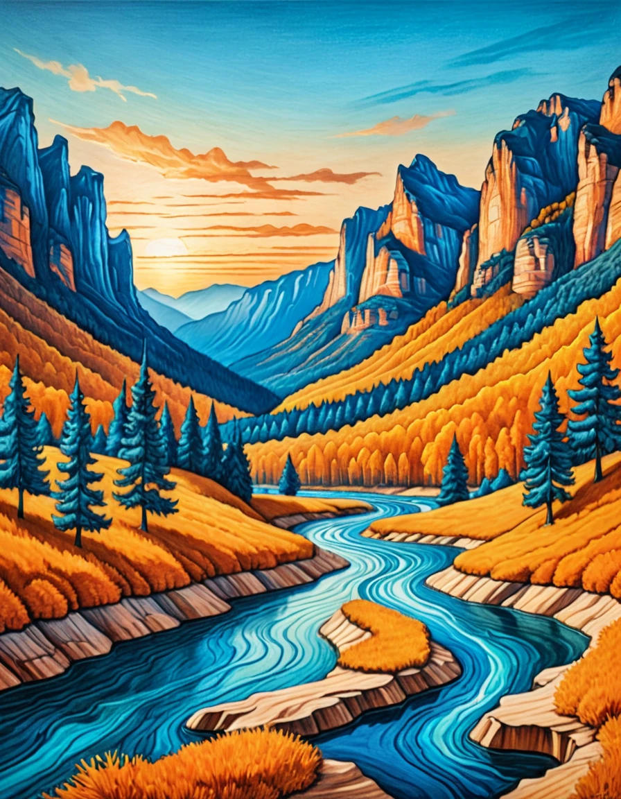 a pencil drawing of blue mountains, organic fluid lines, light orange and cyan, woodcut, romantic riverscapes, conceptual painting, precise nautical detail, illustration, best quality, 8k, highres, masterpiece, ultra-detailed, realistic, photorealistic, HDR, UHD, studio lighting, ultra-fine painting, sharp focus, physically-based rendering, extreme detail description, professional, vivid colors, bokeh