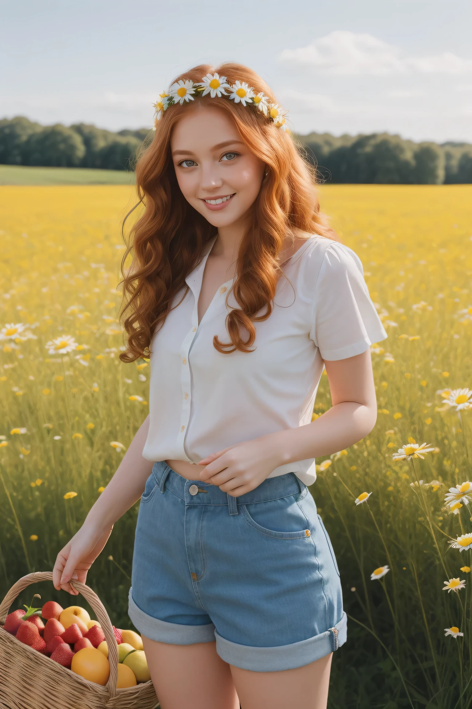(girl:1.2),alone, (long ginger curly hair:1.1), brown eyes, smiling, Wearing a daisy wreath on your head, standing in a daisy field, (fruit basket:1.1), blue shorts, red shirt , raw, photographic, photo shadows, actual, Ridiculous, Aesthetic, elegant
