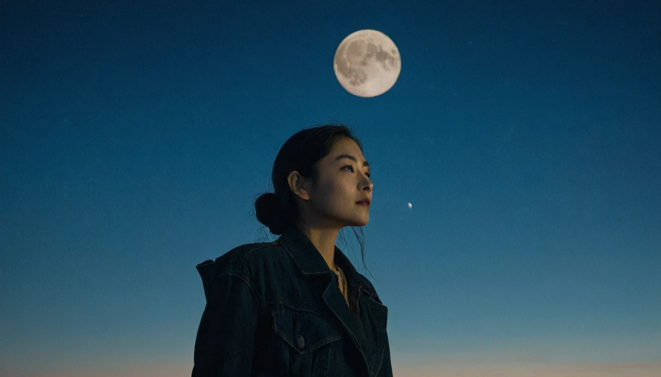 "A woman standing in the light of a waning moon, looking directly at the camera. The scene is nocturnal, with the moon shining brightly in the sky. The woman is in the center of the camera's focus, wearing a long blue dress, with a mysterious and serene look."