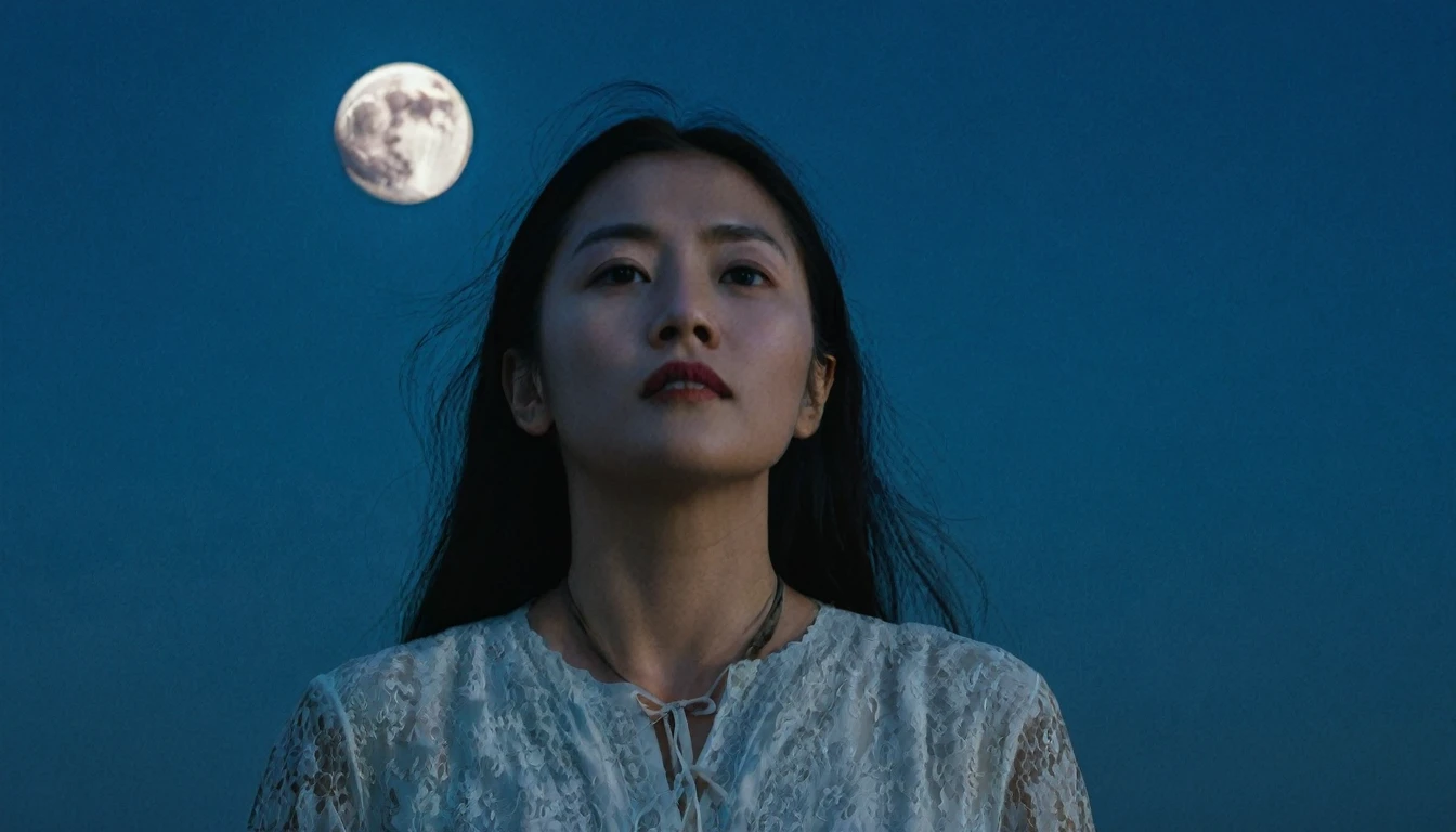 "A woman standing in the light of a waning moon, looking directly at the camera. The scene is nocturnal, with the moon shining brightly in the sky. The woman is in the center of the camera's focus, wearing a long blue dress, with a mysterious and serene look."
