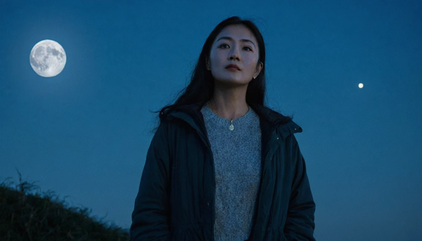 "A woman standing in the light of a waning moon, looking directly at the camera. The scene is nocturnal, with the moon shining brightly in the sky. The woman is in the center of the camera's focus, wearing a long blue dress, with a mysterious and serene look."