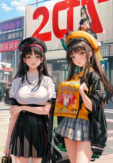 masterpiece, Highest quality, Unreal Engine, Super Resolution, Very detailed,
2 girls, Two women in short skirts and hats standing next to a poster, Waist, thin, (Muscular:0.8), Round Breasts, Big Breasts, bold, Lips parted, Observe the audience,
😭 🤮 💕 🎀, Wearing a two-piece swimsuit, 💣 💥, 🦩🪐🐞👩🏻🦳, 🤬 🤮 💕 🎀, Written by Eizan Kikukawa, Jen Ji, Fashion in 2020, Advertising images, 💣 💥💣 💥 ,
Simple background anime style, Key Visual,