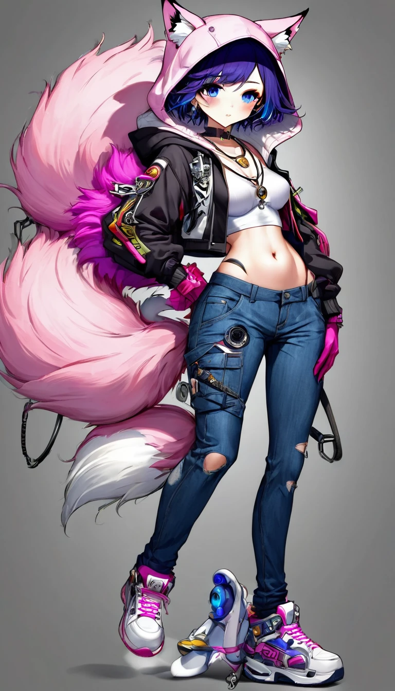 Oh, league of legend, sexy for, wallpapers, detailed eyes, fox ear, (fox tails), body delgado perfecto, a skirt, (long pink fur), medium breasts, Looking at_It is shown in_Looking atl espectador, short_Hair, gloves, belly button, fail, Blue_there are eyes, Eternal, full_body, weapon, Footwear, Necklaces, negro_gloves, pulp, hooded, Hair_overcome_Yoon_there are eyes, cultivator_above, Hoodie, negro_pants, sneakers, cut_Jacket, cyber punk character, cut_Hoodie, ((anatomically perfect:1.5))