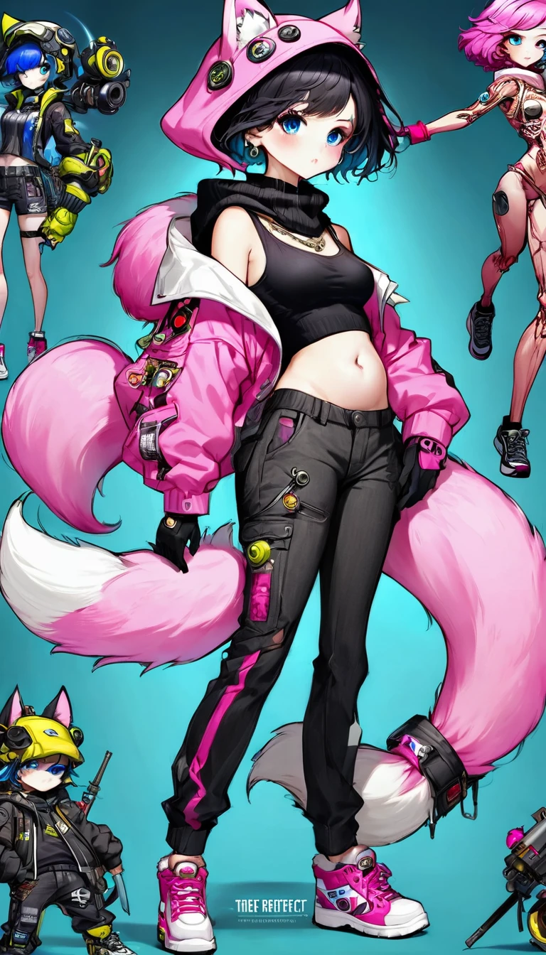 Oh, league of legend, sexy for, wallpapers, detailed eyes, fox ear, (fox tails), body delgado perfecto, a skirt, (long pink fur), medium breasts, Looking at_It is shown in_Looking atl espectador, short_Hair, gloves, belly button, fail, Blue_there are eyes, Eternal, full_body, weapon, Footwear, Necklaces, negro_gloves, pulp, hooded, Hair_overcome_Yoon_there are eyes, cultivator_above, Hoodie, negro_pants, sneakers, cut_Jacket, cyber punk character, cut_Hoodie, ((anatomically perfect:1.5))