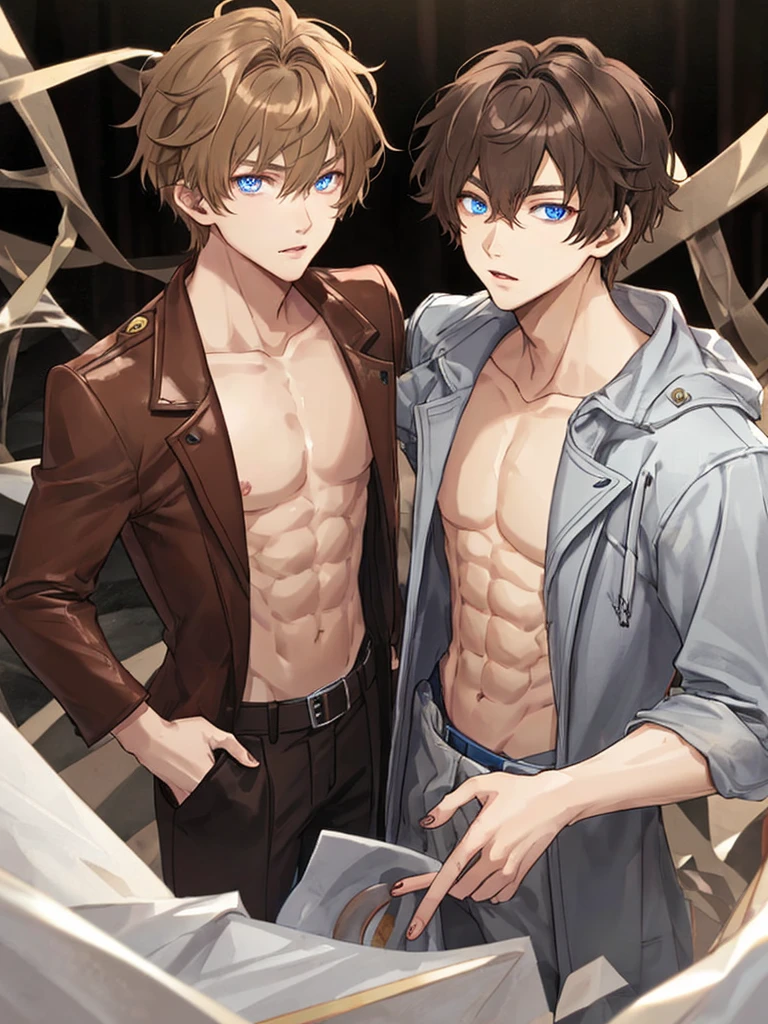 Creates a young adult with short light brown hair tipped with red blue eyes with a defined and quite handsome physical body.
