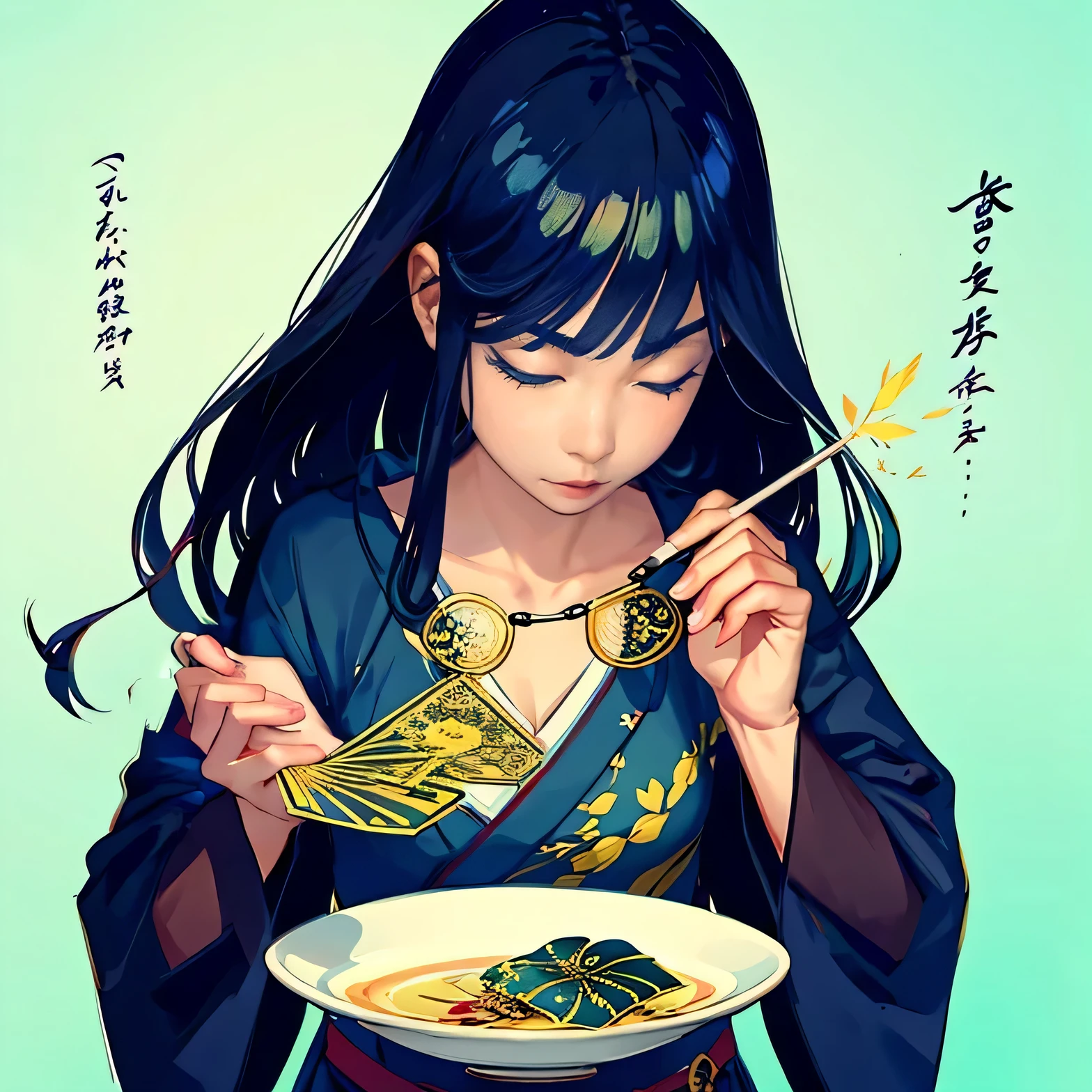 "Generate an image of Satsuki (Satsuki), a 35-year-old female fortune-teller.

Character Description:
- Appearance: Long black hair, always wearing serene-colored kimono. Carries Tarot cards and tools for numerology.
- Personality: calm, empathetic, earnestly listens to people's troubles. Speaks gently, exuding trustworthiness.
- Hobbies: Enjoys traditional Japanese arts like calligraphy and tea ceremony, integrating them into daily life."