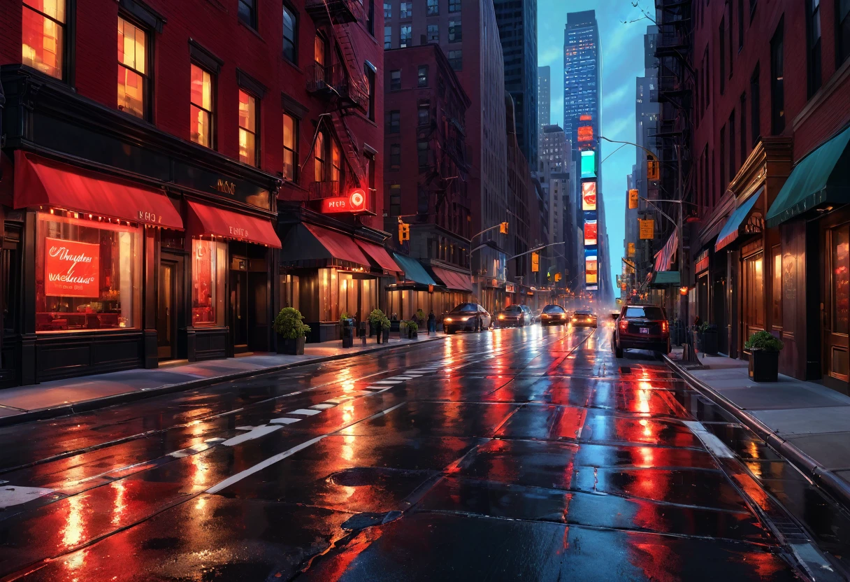 luxury, New York city road, riches, red lighting, HDR, 4k resolution, (painting realistic : 1.3), (ultra high resolution: 1.0 ), (((best quality, 8 thousand, masterpiece:1.4))
