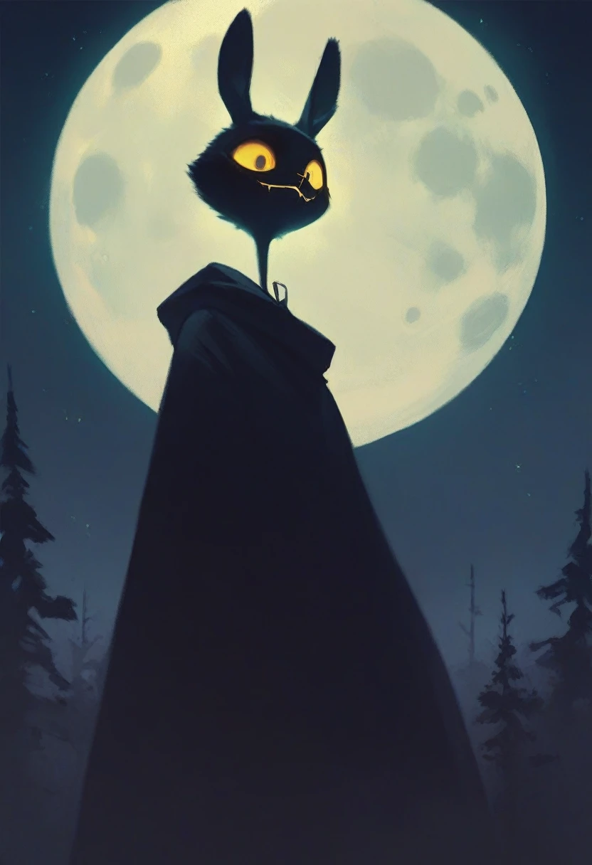 tall scary black furry bunny standing under the moonlight wearing a cloak and has glowing yellow eyes with a creepy smile  , dark background, high detail, no light, woods landscape in the middle of the night, mistic, full moon, moonlight, (flat shading:1.2), (minimalist:1.4)
