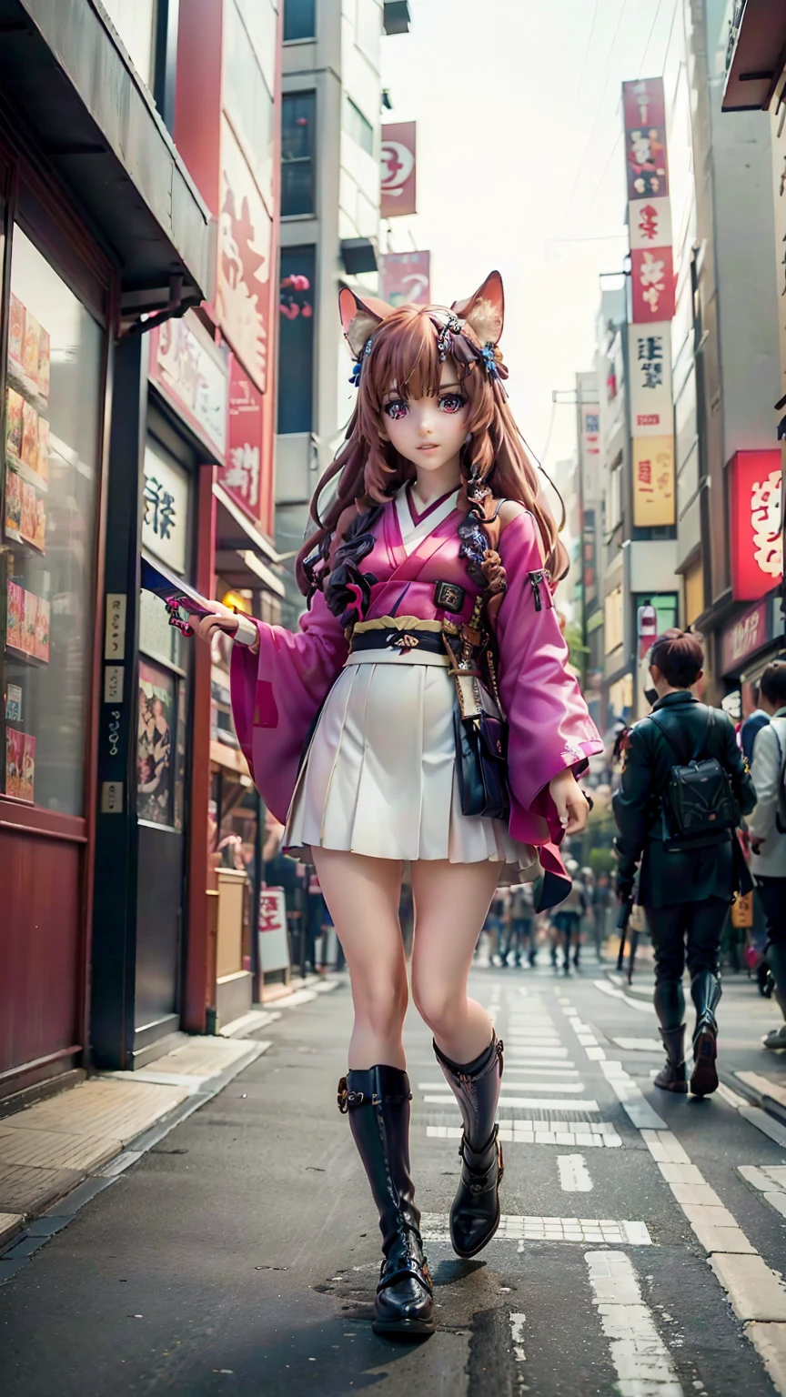 Brahmaestra, Raphtalia, Brown Hair, Animal ears, Red eyes,(smile1.8)(smileの目1.8)smile、Happy face、Dynamic pose、Put on your boots(Look at this:1.5)(Full Body Shot:1.2)(Harajuku Takeshita Street:1.5), Full body photo, convenience store,自転car、car、Super Cub、Passersby、(Distant view of a modern Japanese city:1.5)、(Move up by one&#39;Long sword:1.8),(Assault rifle,Hold horizontally:1.8)