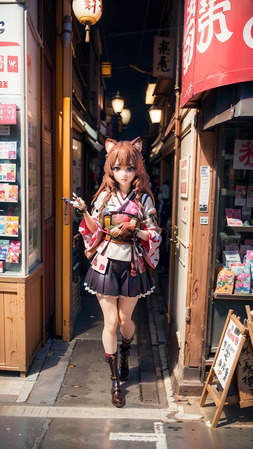 Brahmaestra, Raphtalia, Brown Hair, Animal ears, Red eyes,(smile1.8)(smileの目1.8)smile、Happy face、Dynamic pose、Put on your boots(Look at this:1.5)(Full Body Shot:1.2)(Harajuku Takeshita Street:1.5), Full body photo, convenience store,自転car、car、Super Cub、Passersby、(Distant view of a modern Japanese city:1.5)、(Move up by one&#39;Long sword:1.8),(Assault rifle,Hold horizontally:1.8)