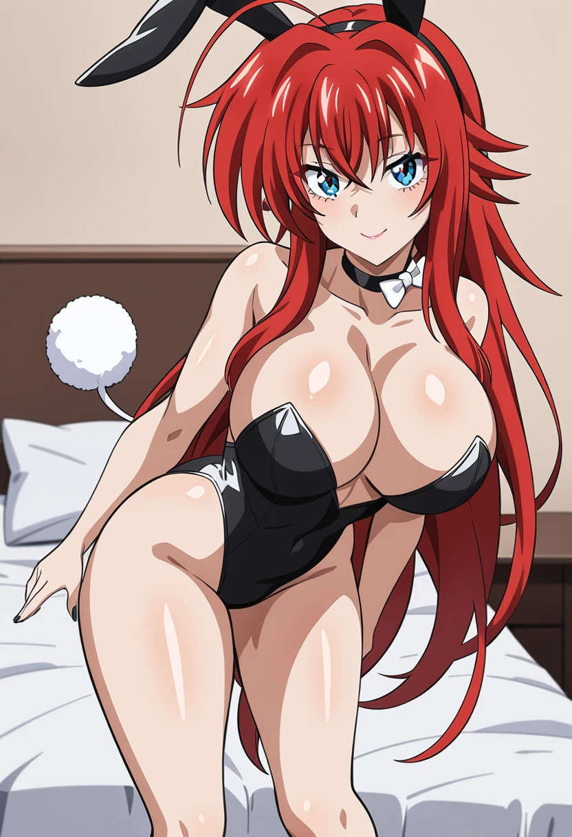 (anime art style:1.0), 2d, masterpiece, best quality, very aesthetic, absurdres, dynamic shadows, atmosferic, rias_gremory, (1girl), solo, red hair, antenna hair, long hair, blue eyes, detailed eyes, hair between eyes, bangs, big breasts, curvy body, makeup, black leotard, bunny ears, black ears, fake ears, white bow on neck, choker, bunny tail, sexy smile, (feet out frame), (looking at viewer), from behind, leaning forward, bedroom, (on bed), indoors