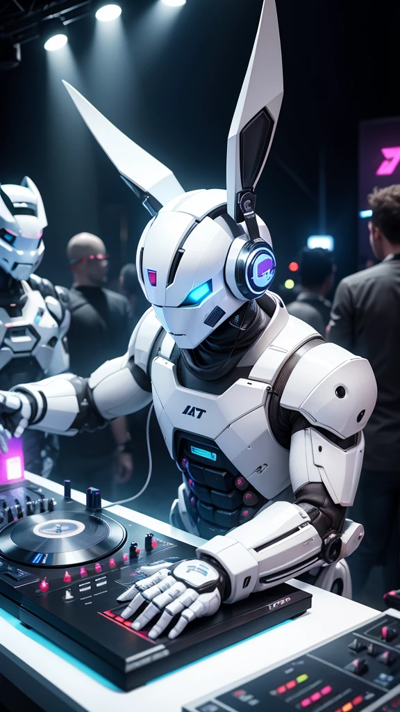 robot rabbit, White color, masculine, humanoid, in a club playing a turntable and dj mixer, in an outdoor setting