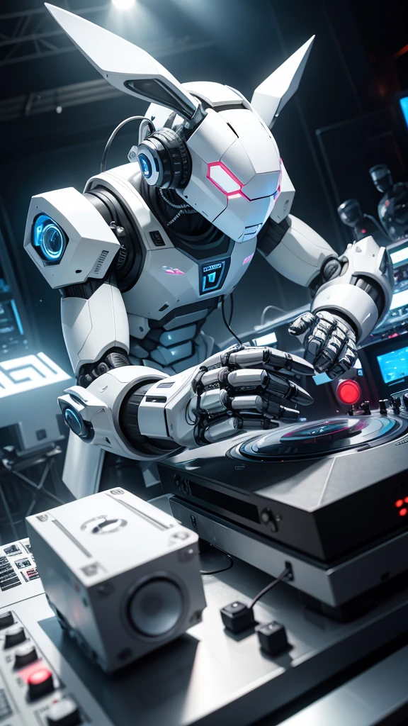 robot rabbit, White color, masculine, humanoid, in a club playing a turntable and dj mixer, in an outdoor setting