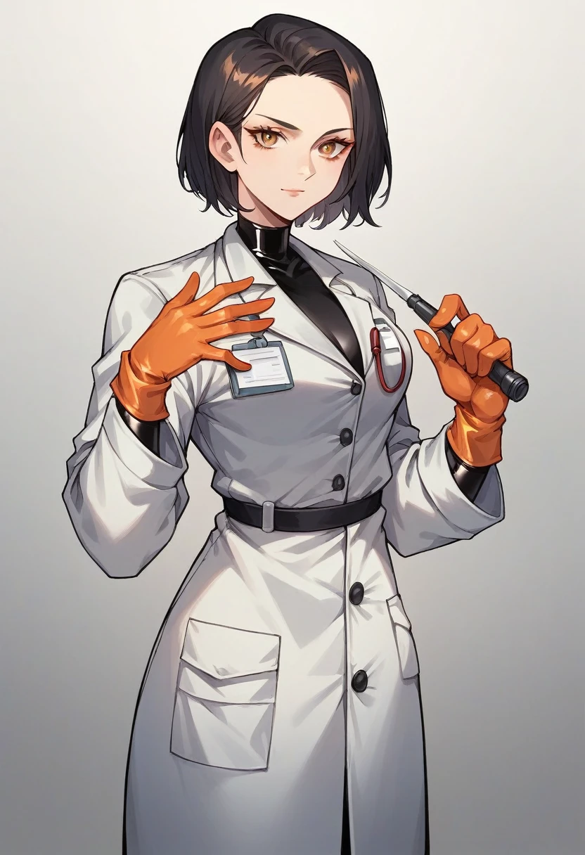1girl, ((orange gloves)), ((surgical gloves)), ((latex gloves)), ((long sleeves)), ((black surgeon outfit)), ((black doctor coat)), looking at viewer, standing, solo