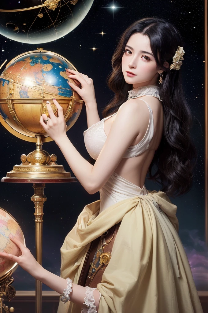 (Highest quality、High resolution、masterpiece)、(Anime Art 4k)、((One Woman、astrologer、Astronomer、Upper Body、Black Hair、Small breasts)), ((In a big library、Large celestial globe、astrologerの机))、Victorian Style、steampunk、Cinema Lighting、Ray Tracing、(Watercolor of singer Sargent)、