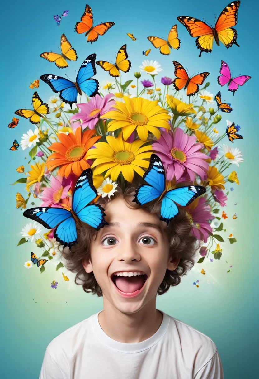coming out with flowers and butterflies from inside his brain with a happy appearance portraying attention deficit hyperactivity disorder