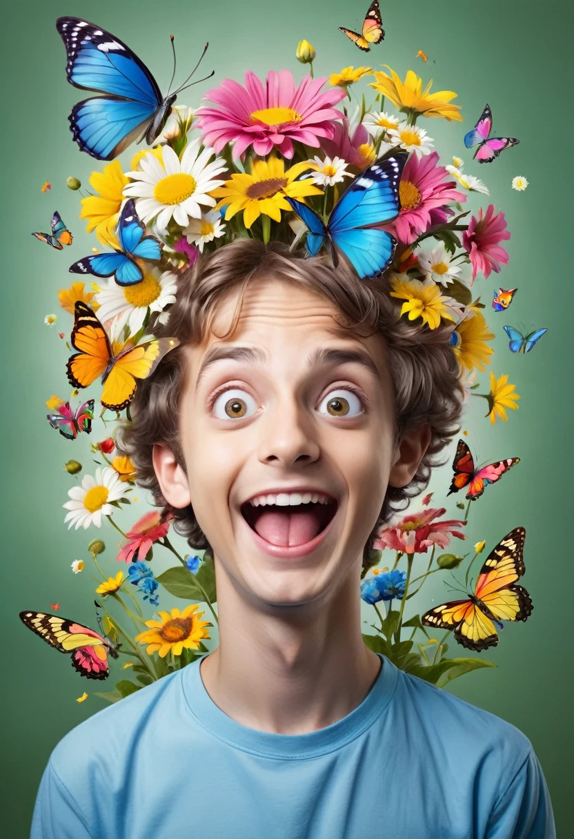 coming out with flowers and butterflies from inside his brain with a happy appearance portraying attention deficit hyperactivity disorder