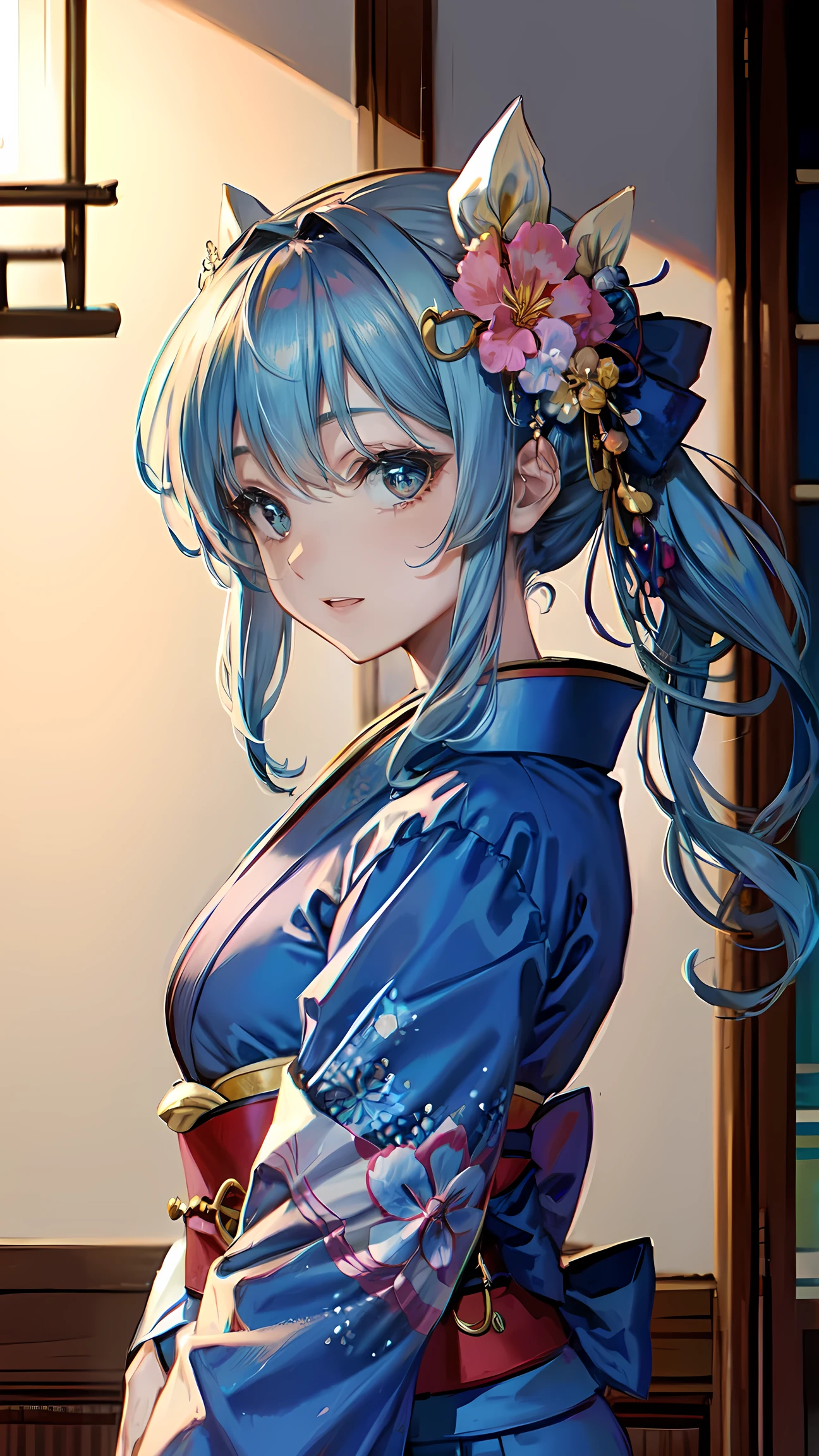blue kimono kimono new year flower hair accessory smile smile 