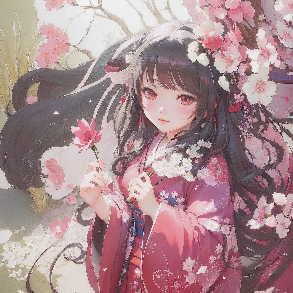 Anime girl in a kimono holding a flower in her hand, Beautiful anime artwork, Gwaiz, Artistic rendering of Reimu Hakurei, Soft anime illustration, Beautiful anime art, artwork in the style of Gwaiz, Beautiful artwork illustration, Anime fantasy illustration, Digital art on pixiv, anime art wallpaper 4k, anime art wallpaper 4k