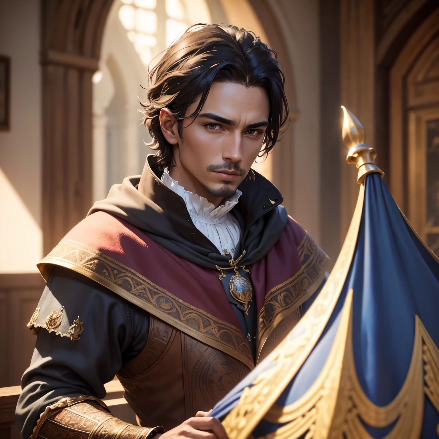 ((best quality)), ((masterpiece)), (detailed), Prize-winning works, with incredible details, maximum textures and details, uhd ,8K,super resolution ,depth of field, retina, masterpiece, anatomically correct, textured skin, super detail, high details, highres ,1 male advisor from a fantasy kingdom, a medieval nobleman, detailed medieval nobleman clothes ,(he has dark skin) he wears clothes crafted in noble medieval fabrics ((homem de 45 anos :1.1,detailedeyes, face detailed, whole body:1.1,the background is a royal palace )),(best qualityer:1.2,ultra detali:1.1,realisitic:1.37) ,eyeshadows,sharp focus,swirly vibrant colors,)