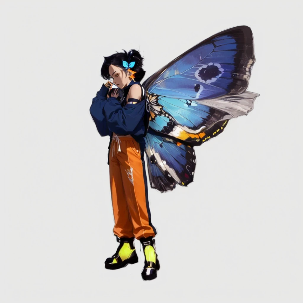 anime character with butterfly wings and orange pants holding a cell phone, winged boy, Insect trainer girl, butterfly wings, butterfly, with large wings, full body illustration, gentle androgynous prince, pixie character, Harry Wolf in video style, fan art, torn wings, with real wings, personal artistic style, full commission for, transparent wings, avatar image