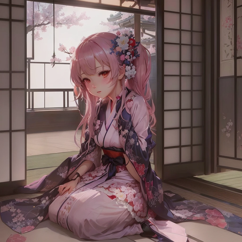 Anime girl sitting on the floor with her legs crossed, Enchanting anime girl, In kimono, Gwaiz on pixiv artstation, Beautiful anime girl crouching, Gwaiz, Cute anime waifu in a nice dress, In kimono, Gwaiz on artstation pixiv, Pixiv 3DCG, artwork in the style of Gwaiz
