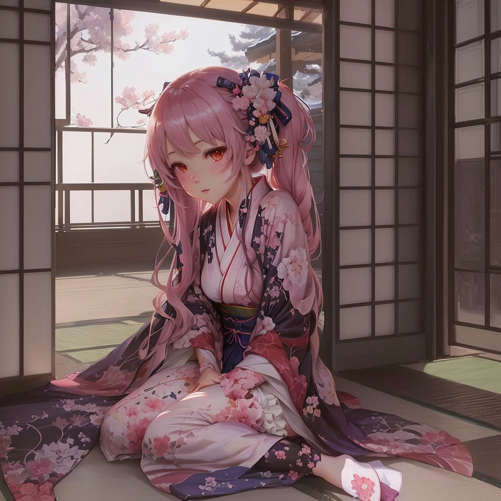 Anime girl sitting on the floor with her legs crossed, Enchanting anime girl, In kimono, Gwaiz on pixiv artstation, Beautiful anime girl crouching, Gwaiz, Cute anime waifu in a nice dress, In kimono, Gwaiz on artstation pixiv, Pixiv 3DCG, artwork in the style of Gwaiz