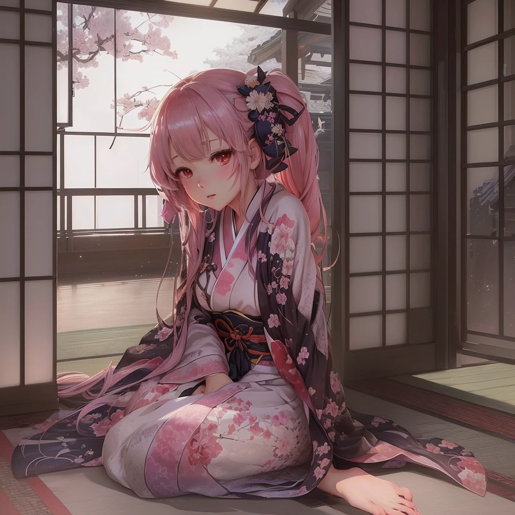 Anime girl sitting on the floor with her legs crossed, Enchanting anime girl, In kimono, Gwaiz on pixiv artstation, Beautiful anime girl crouching, Gwaiz, Cute anime waifu in a nice dress, In kimono, Gwaiz on artstation pixiv, Pixiv 3DCG, artwork in the style of Gwaiz