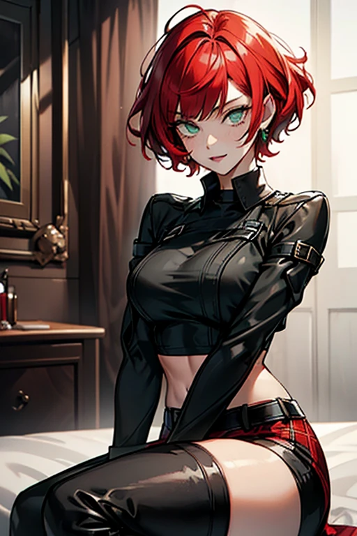 woman, curly red pixie cut hair, green eyes, wearing crop top black shirt, long black jacket, red plaid skirt, (black knee high boots), black fingerless gloves, exposed shoulders, large breasts, thick thighs, freckles, cleavage, abs, looking at viewer, masterpiece, best quality, an14, Holo-Punk Style