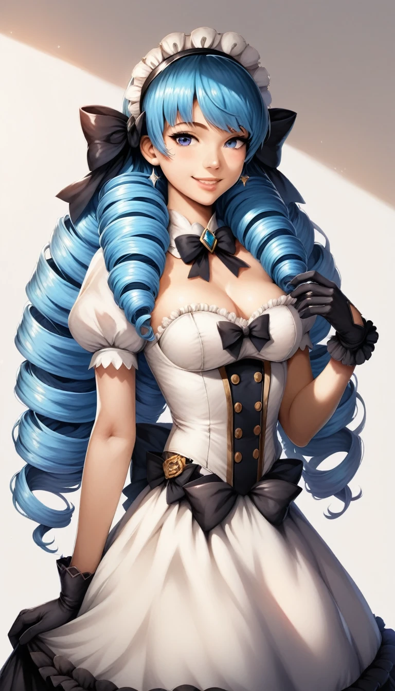 Korean,Realistic, masterpiece, Final details, photo Realistic, Exquisite detail, Octane Rendering, 8K, One girl, Perfect face, Beautiful Face, nswf Japanese, Trough Reference, Hair Details,, black bow, black gloves, Black Legs, blue eyes, Blue Hair, bow, clavicle, dress, Drill Hair, Frills, Frills, gloves, Gwen, headdress, High resolution, Long Hair, Part your lips, Puffy sleeves, Purple eyes, smile, alone, white dress, Oilskin,