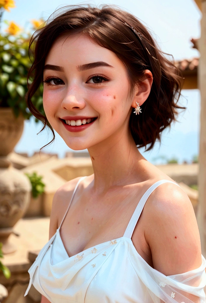 (Beautiful young woman_bright smile, girl in pure white dress, close-up angle_dancing charmingly with dreamy expression), highly detailed and realistic, masterpiece, illustration, 1 girl, high angle, messy long hair, top quality , highly detailed CG Unity 8k wallpapers, ink, amazing, movie lighting, lens flare, Dunhuang style,