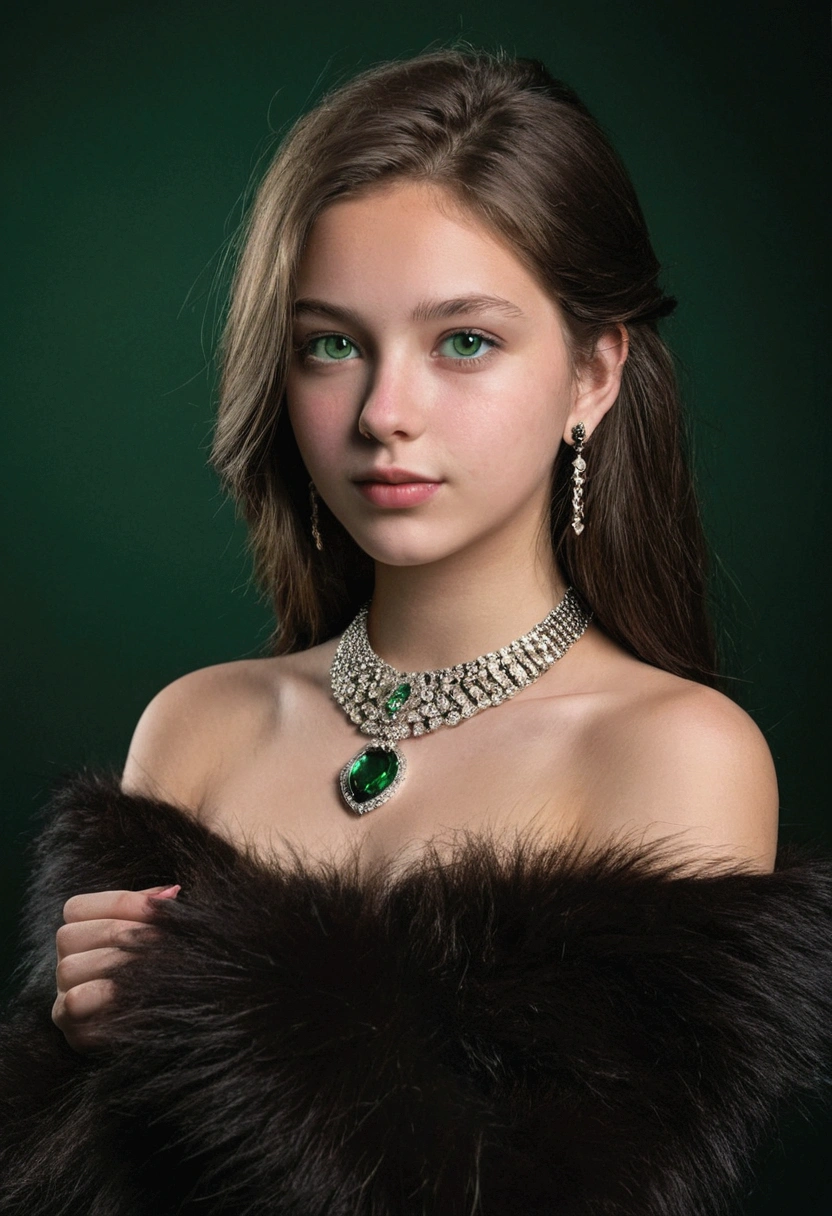 1Girl 18 years old, Alone, wide, average size , looking at the viewer, dark fur, bare shoulders, green eyes, jewelry, whole body, collar, off the shoulder, Pull-over, lips, realist, nose, flirting with the camera