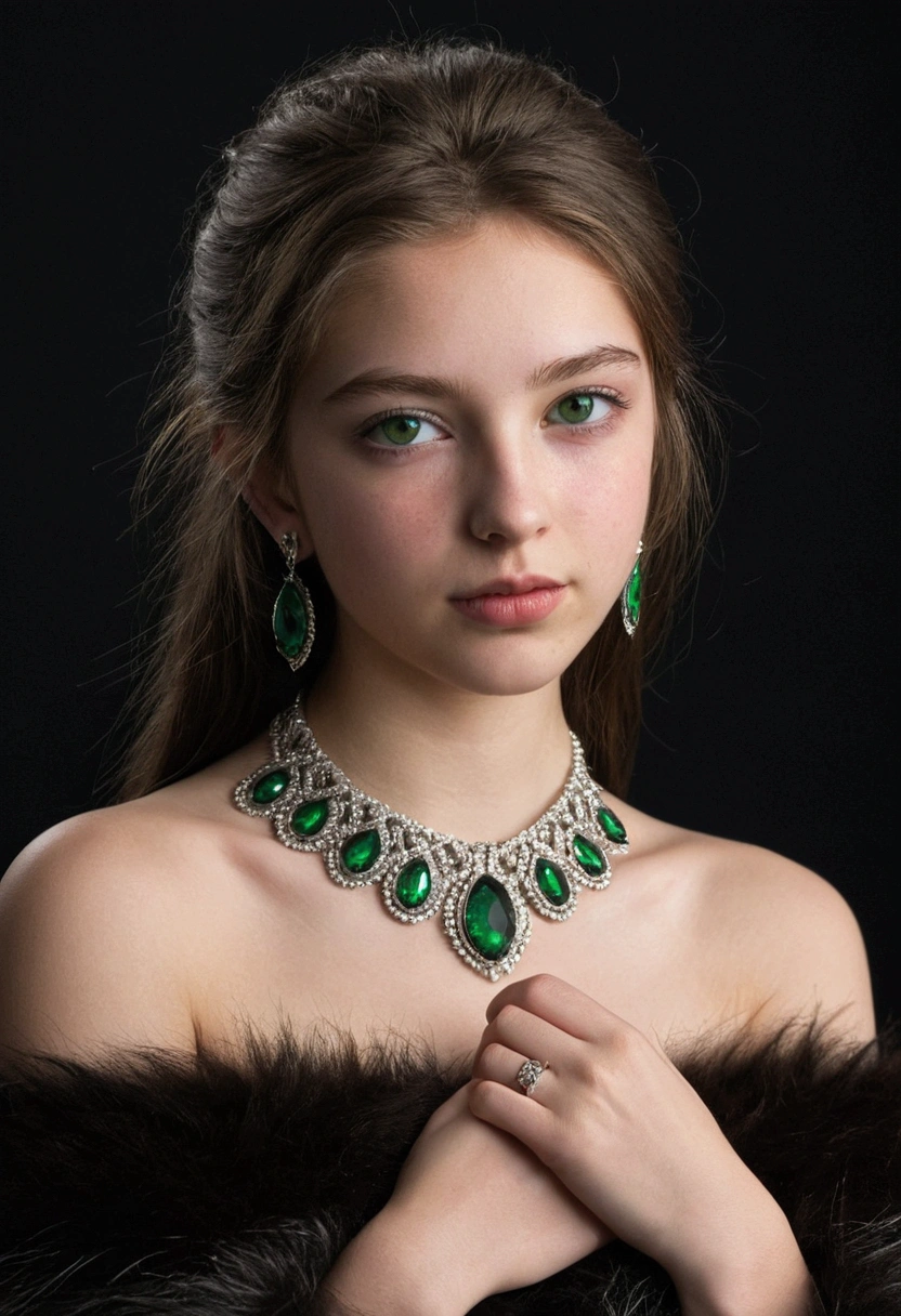 1Girl 18 years old, Alone, wide, average size , looking at the viewer, dark fur, bare shoulders, green eyes, jewelry, whole body, collar, off the shoulder, Pull-over, lips, realist, nose, flirting with the camera