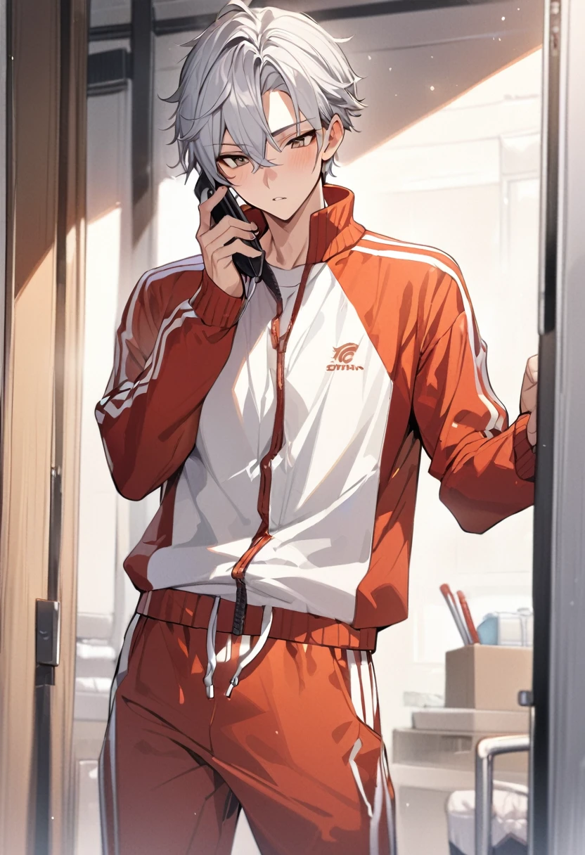 Detailed, masterpiece, 1 boy, anime boy, silver hair, brown eyes, 190cm tall, athletic, sporty, plaxing on the phone, tracksuit