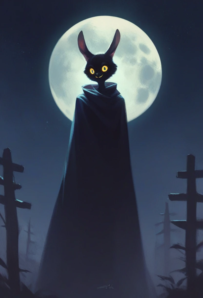 tall, adult scary black furry bunny standing under the moonlight wearing a cloak and has glowing yellow eyes with a creepy smile , dark background, high detail, no light, woods landscape in the middle of the night, mistic, full moon, moonlight, (flat shading:1.2), (minimalist:1.4)
