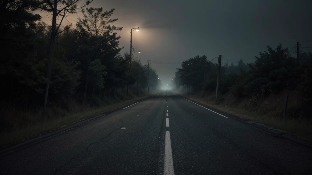 A deserted and gloomy road at night, shrouded in thick fog. The lighting is dim and mysterious, with old, rusty streetlights that cast long, distorted shadows. The road is surrounded by tall, gnarled trees whose silhouettes seem to form menacing figures in the darkness.. The asphalt is cracked and covered in dry leaves, giving a feeling of abandonment and decay. No fundo, the road gets lost in the darkness, suggesting the unknown and danger ahead. The environment must convey an intense feeling of fear and apprehension, like something is lurking in the shadows, about to emerge