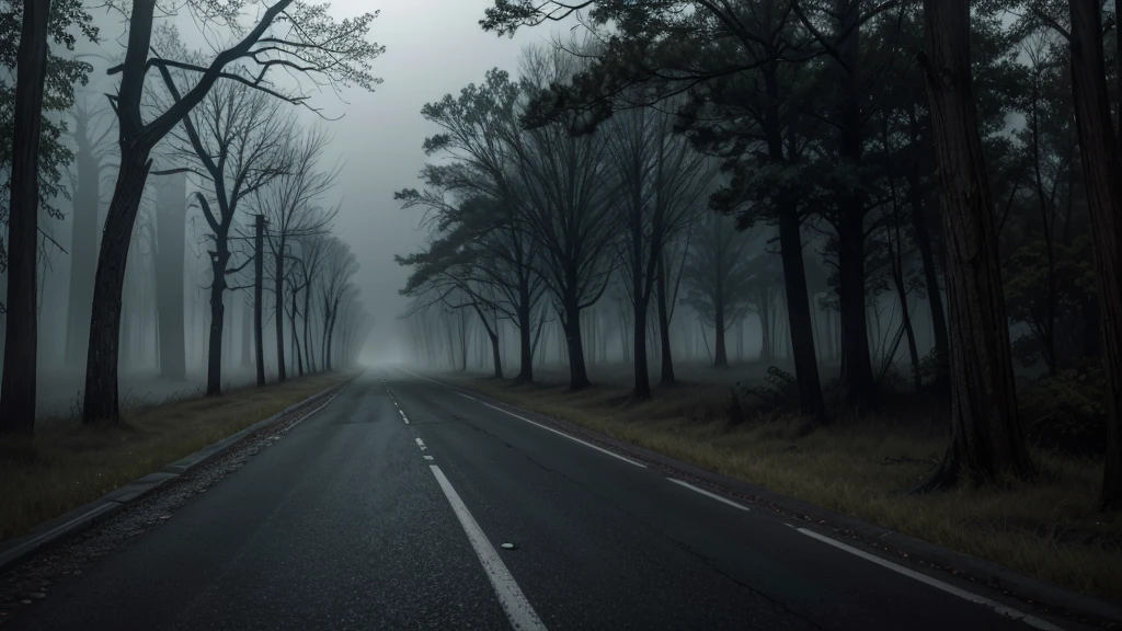A deserted and gloomy road at night, shrouded in thick fog. The lighting is dim and mysterious, with old, rusty streetlights that cast long, distorted shadows. The road is surrounded by tall, gnarled trees whose silhouettes seem to form menacing figures in the darkness.. The asphalt is cracked and covered in dry leaves, giving a feeling of abandonment and decay. No fundo, the road gets lost in the darkness, suggesting the unknown and danger ahead. The environment must convey an intense feeling of fear and apprehension, like something is lurking in the shadows, about to emerge