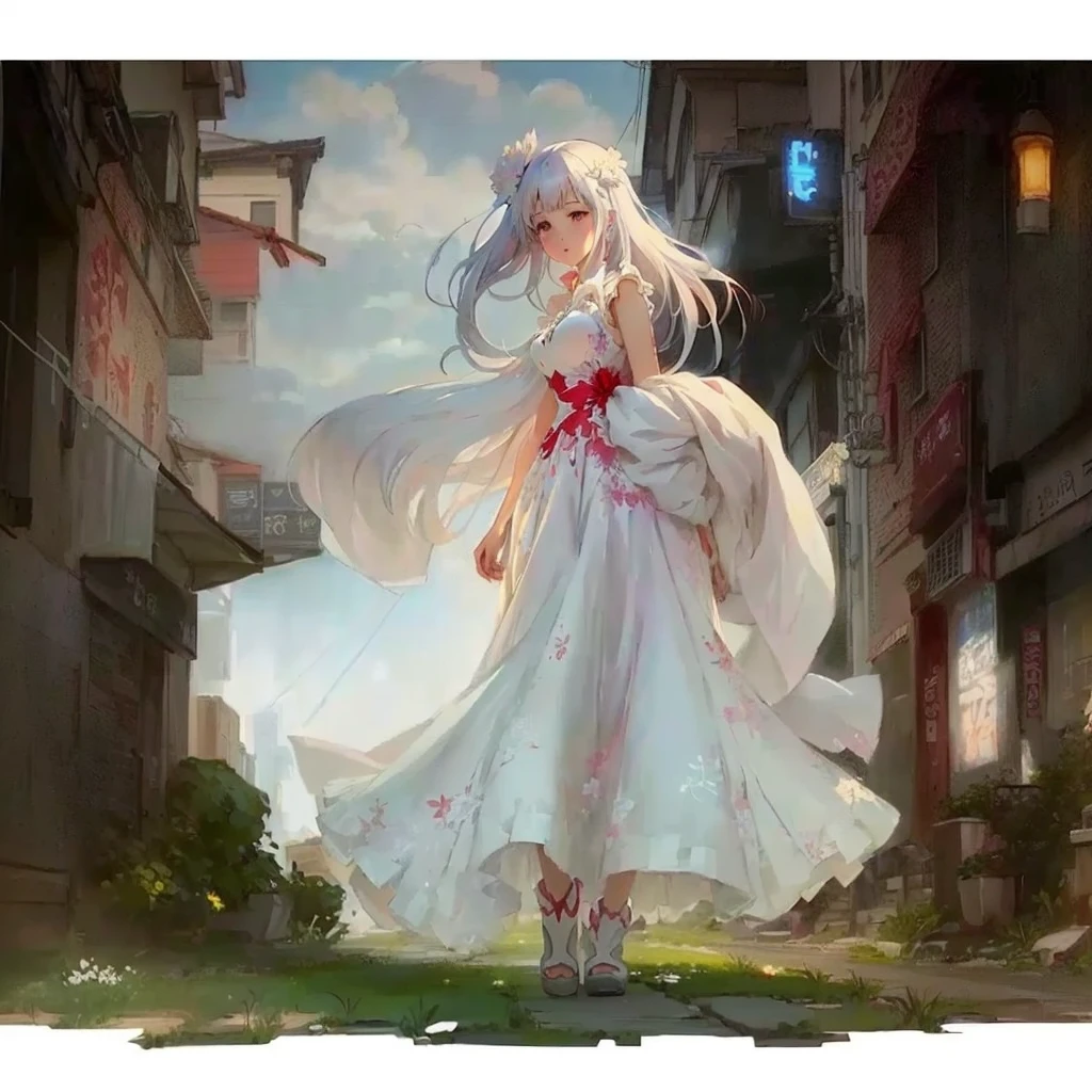 Anime girl in a white dress walking down the street, Beautiful anime artwork, Gwaiz on pixiv artstation, Beautiful anime art, Gwaiz on artstation pixiv, Gwaiz, by Shimo, Beautiful artwork illustration, Anime fantasy artwork, In a dress, Anime fantasy illustration, artwork in the style of Gwaiz