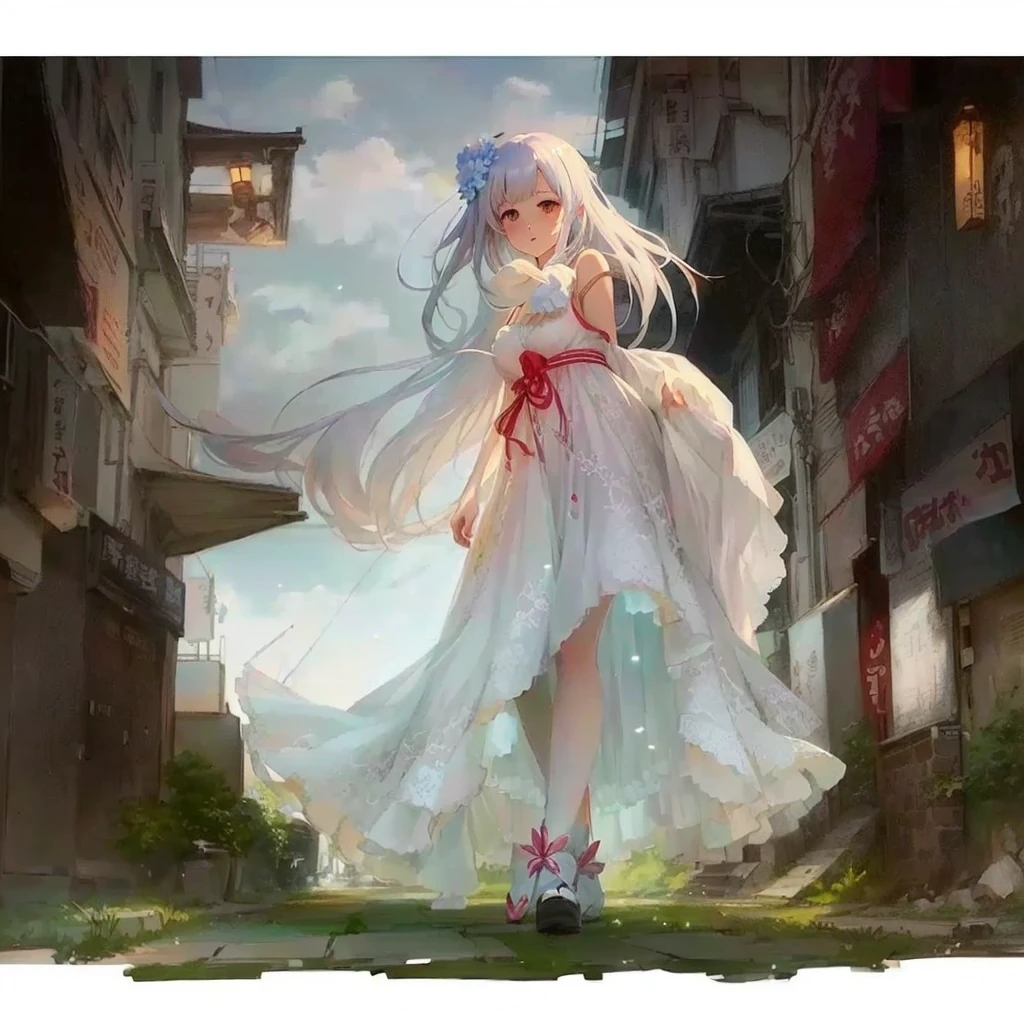 Anime girl in a white dress walking down the street, Beautiful anime artwork, Gwaiz on pixiv artstation, Beautiful anime art, Gwaiz on artstation pixiv, Gwaiz, by Shimo, Beautiful artwork illustration, Anime fantasy artwork, In a dress, Anime fantasy illustration, artwork in the style of Gwaiz