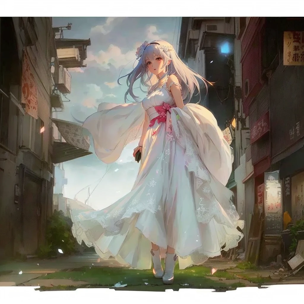 Anime girl in a white dress walking down the street, Beautiful anime artwork, Gwaiz on pixiv artstation, Beautiful anime art, Gwaiz on artstation pixiv, Gwaiz, by Shimo, Beautiful artwork illustration, Anime fantasy artwork,  In a dress, Anime fantasy illustration, artwork in the style of Gwaiz